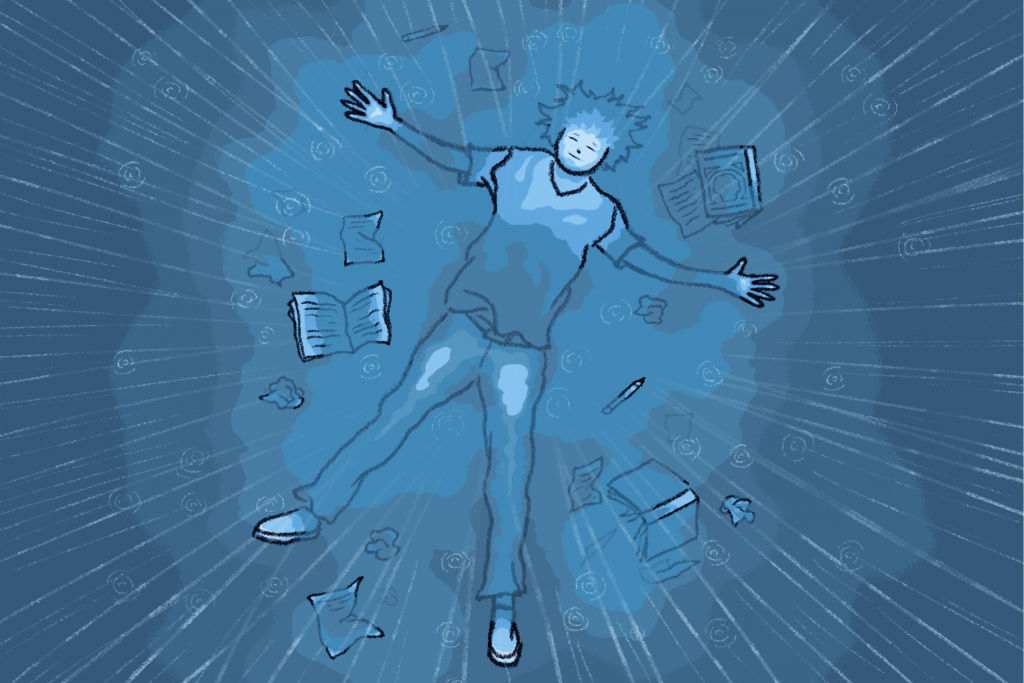 An illustration of a reader of Saunders' A Swim in the Pond in the Rain