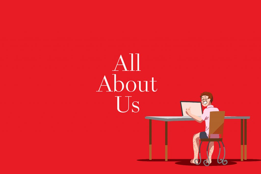 An illustration of Tom Ellen working on his novel, 'All About Us."