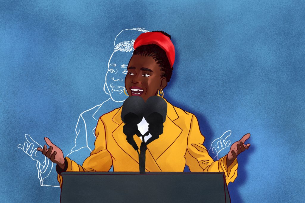 An illustration of Amanda Gorman speaking at the presidential inauguration ceremony in an article about her accomplishments. (Illustration by Lucas DeJesus, Montserrat College of Art)