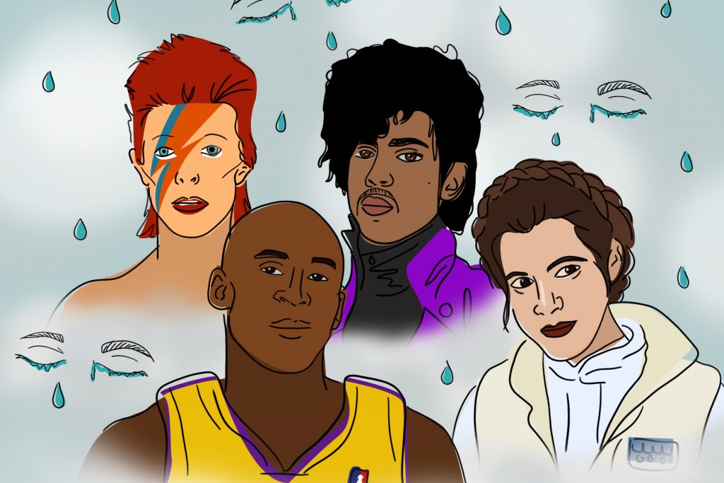 An illustration of celebrities whose premature deaths have ensured grief amongst their fans.