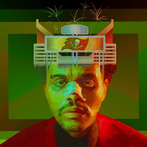 An illustration of The Weeknd, with the Super Bowl stadium depicted on his forehead