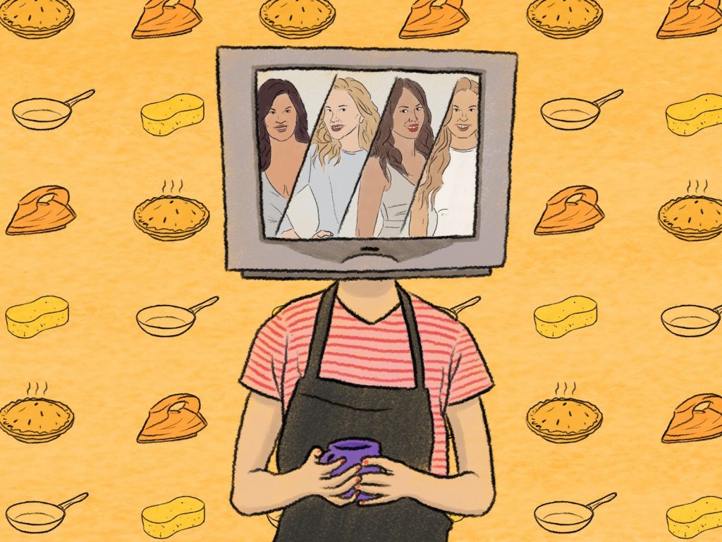 In an article about The Real Housewives franchise, a person with a TV on their head featuring four members of the show's cast