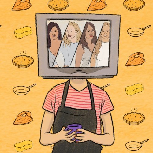 In an article about The Real Housewives franchise, a person with a TV on their head featuring four members of the show's cast