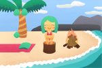 illustration of an animal crossing: new horizons character on an island with a palm tree and a campfire