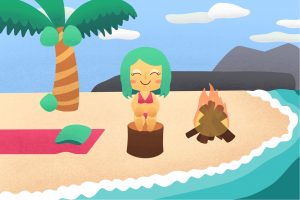 illustration of an animal crossing: new horizons character on an island with a palm tree and a campfire