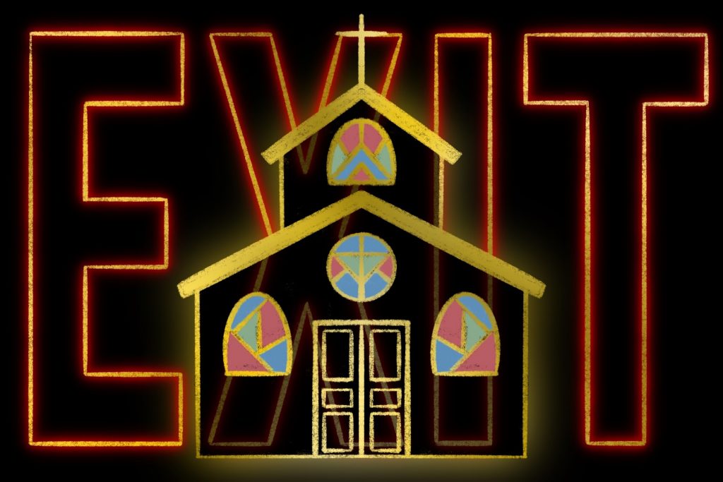 An illustration of the church with the word EXIT behind it.