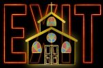 An illustration of the church with the word EXIT behind it.