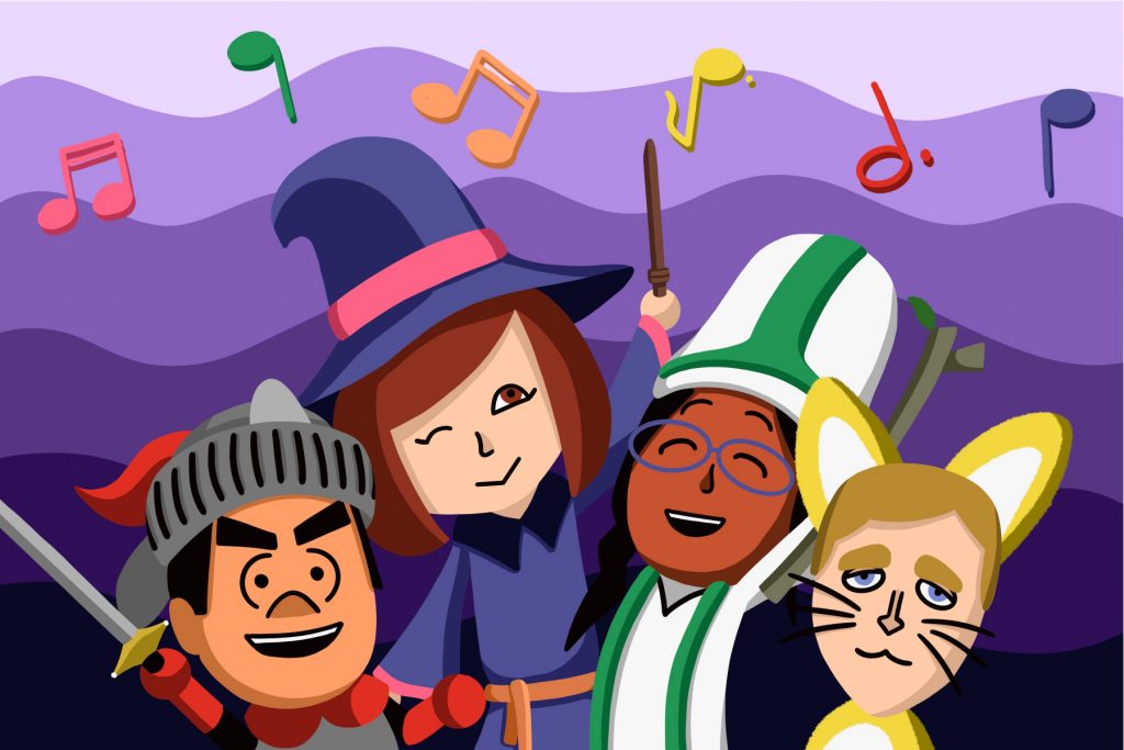 ilustration of costumed characters in Miitopia