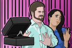 An illustration of millennials looking disgusted at the idea of marriage.