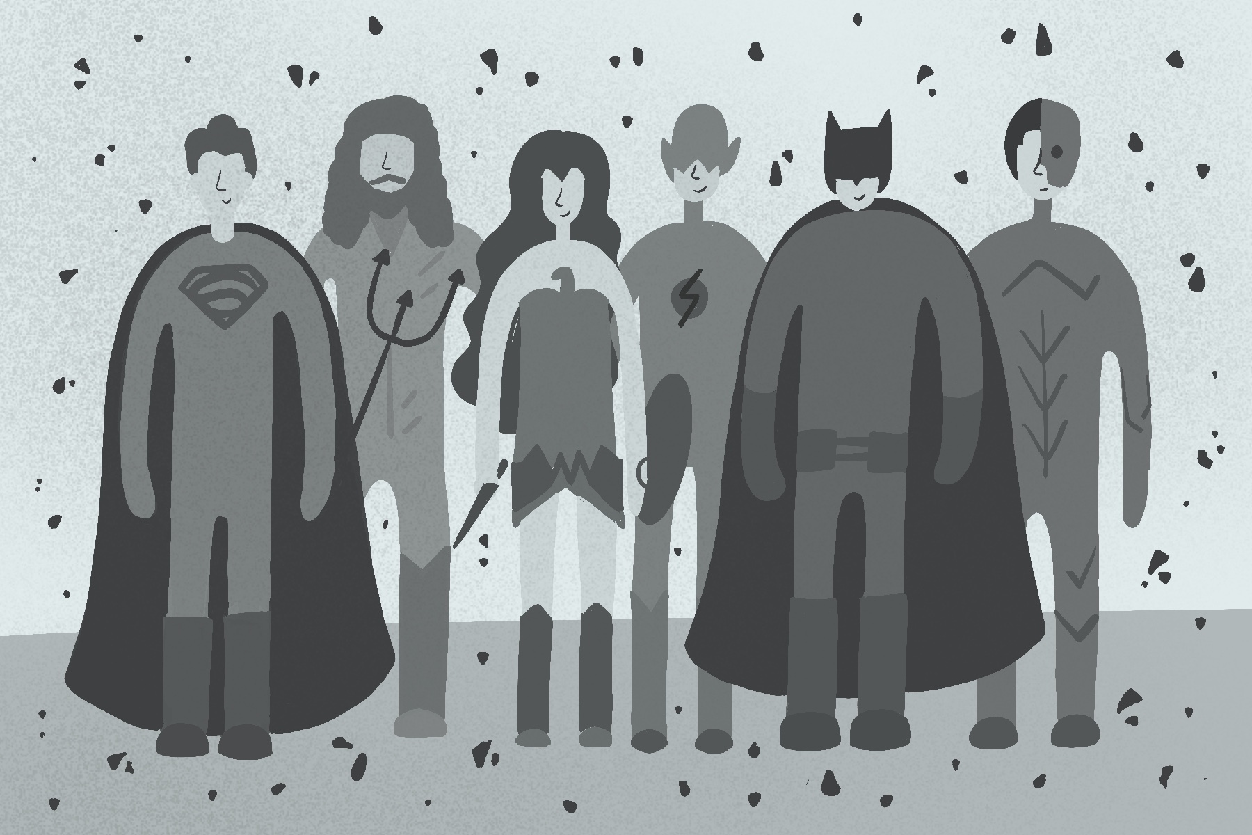 An illustration of the Justice League for an article about the recently released Snyder Cut. (Illustration by Sonja Vasiljeva, San Jose State University)