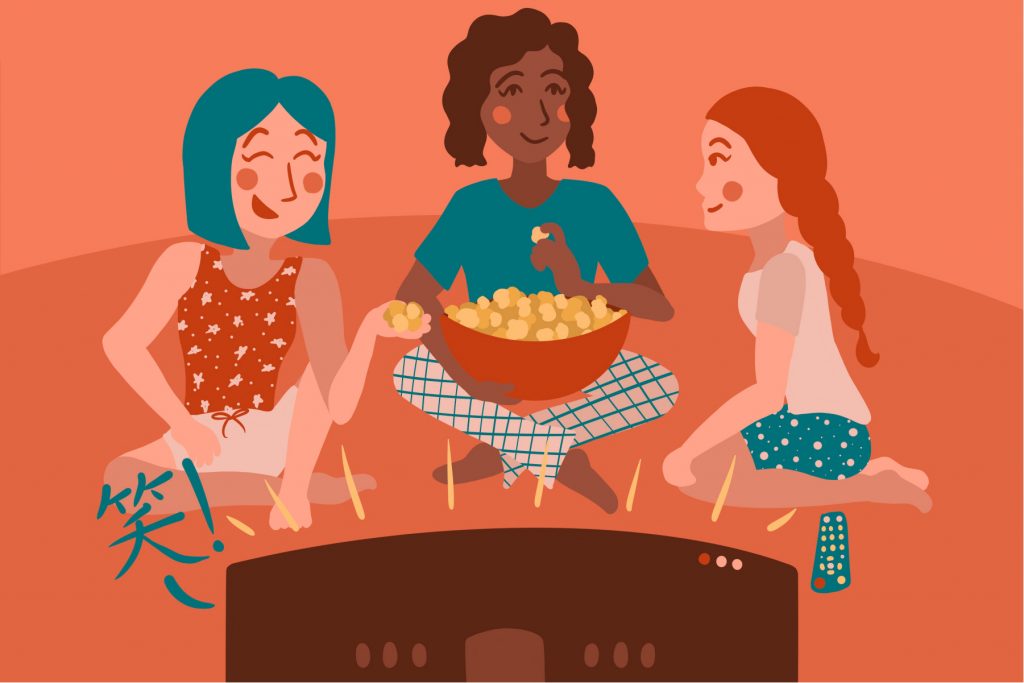 for an article about comedy anime shows, illustration of three girls sitting in front of a tv and laughing