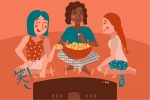 for an article about comedy anime shows, illustration of three girls sitting in front of a tv and laughing