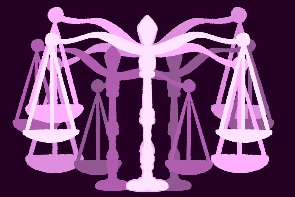 In an article about social and economic progress, an illustration of the scales of justice