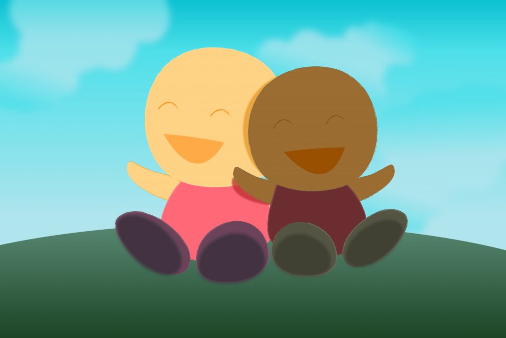 two people sitting next to each other and smiling for an article about friendship