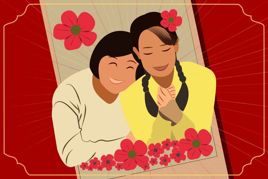 An illustration of the Chinese film Hi, Mom for an article about familial bonds. (Illustration by Julie Chow, University of California, Berkeley)