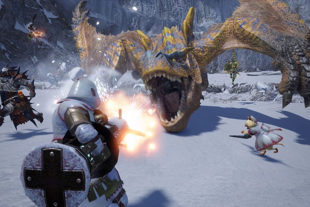 screenshot from monster hunter rise of an armored person battling a fire-breathing dragon