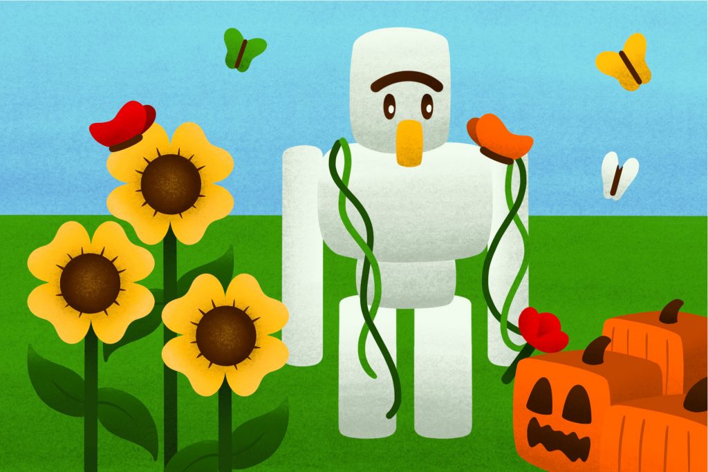 Illustration by Lexey Gonzalez for an article on Minecraft and other tranquil games