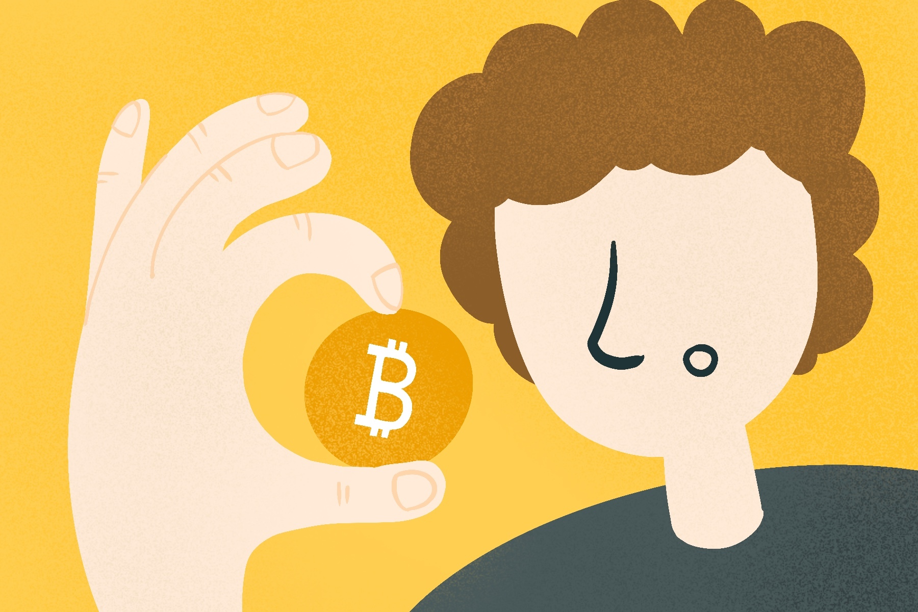 An illustration of a person holding a Bitcoin for an article about Bitcoin and NFTs. (Illustration by Sonja Vasiljeva, San Jose State University)