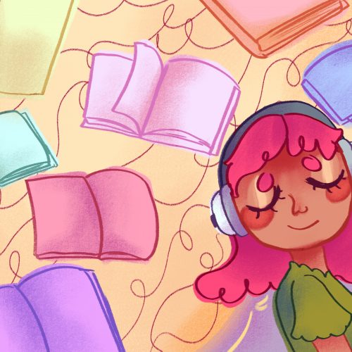In an article about literary podcasts, an illustration by Lucas DeJesus of a child wearing headphones connected to multiple books
