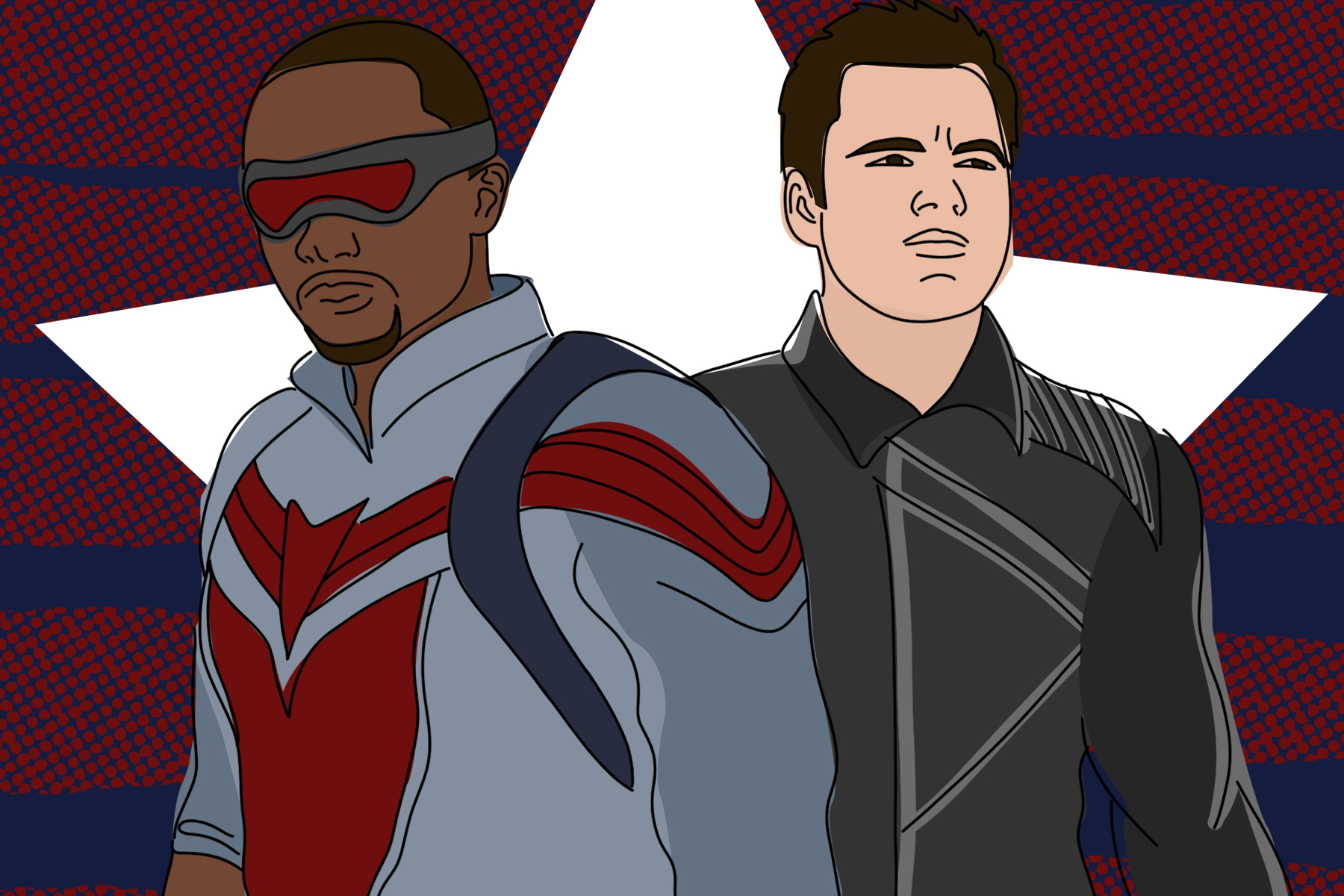 An illustration of the main characters of The Falcon and the Winter Soldier.