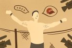 Illustration of colby covington with cameras pointing at him and a red MAGA hat in a speech bubble