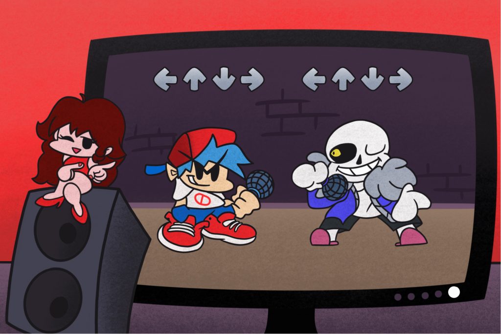 illustration of friday night funkin' featuring three of its characters pictured on a screen with arrows and a speaker