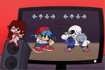 illustration of friday night funkin' featuring three of its characters pictured on a screen with arrows and a speaker