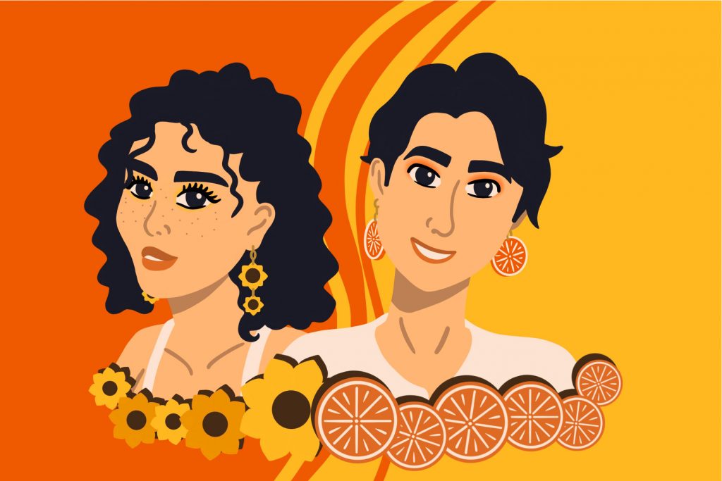 An illustration of the creators of Kikay! for an article featuring an interview with the jewelry shop founders. (Illustration by Lexey Gonzalez, Wichita State University)