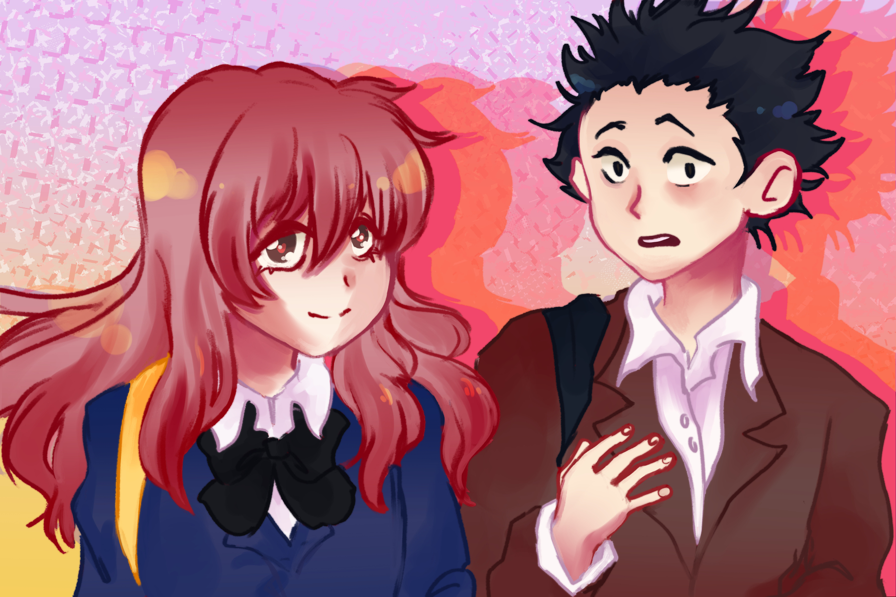 for an article about anime movies, an illustration of two anime characters, a girl with long pink hair and a boy with short black hair, dressed in school uniform blazers