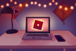 illustration of the roblox logo on a laptop screen with a college banner and a graduation cap hanging in the background