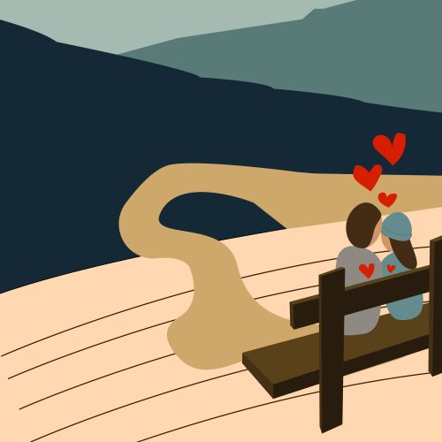 In an article about All Rhodes Lead Here, two people sitting on a bench on a page of a book