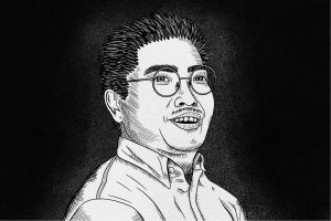 A black and white portrait of "Berserk" author Kentaro Miura.