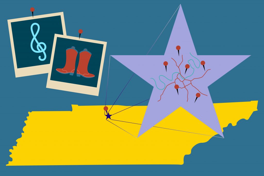 A graphic of Tennessee featuring images of cowboy boots, a treble clef and a star