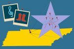 A graphic of Tennessee featuring images of cowboy boots, a treble clef and a star