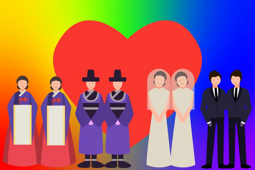 Four same sex couples in modern and traditional Korean clothing in front of a red heart and a rainbow background,