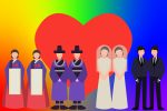 Four same sex couples in modern and traditional Korean clothing in front of a red heart and a rainbow background,