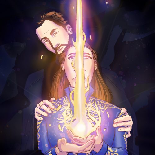 A depiction of "Shadow and Bone" actors Jessica Mei Li and Ben Barnes.