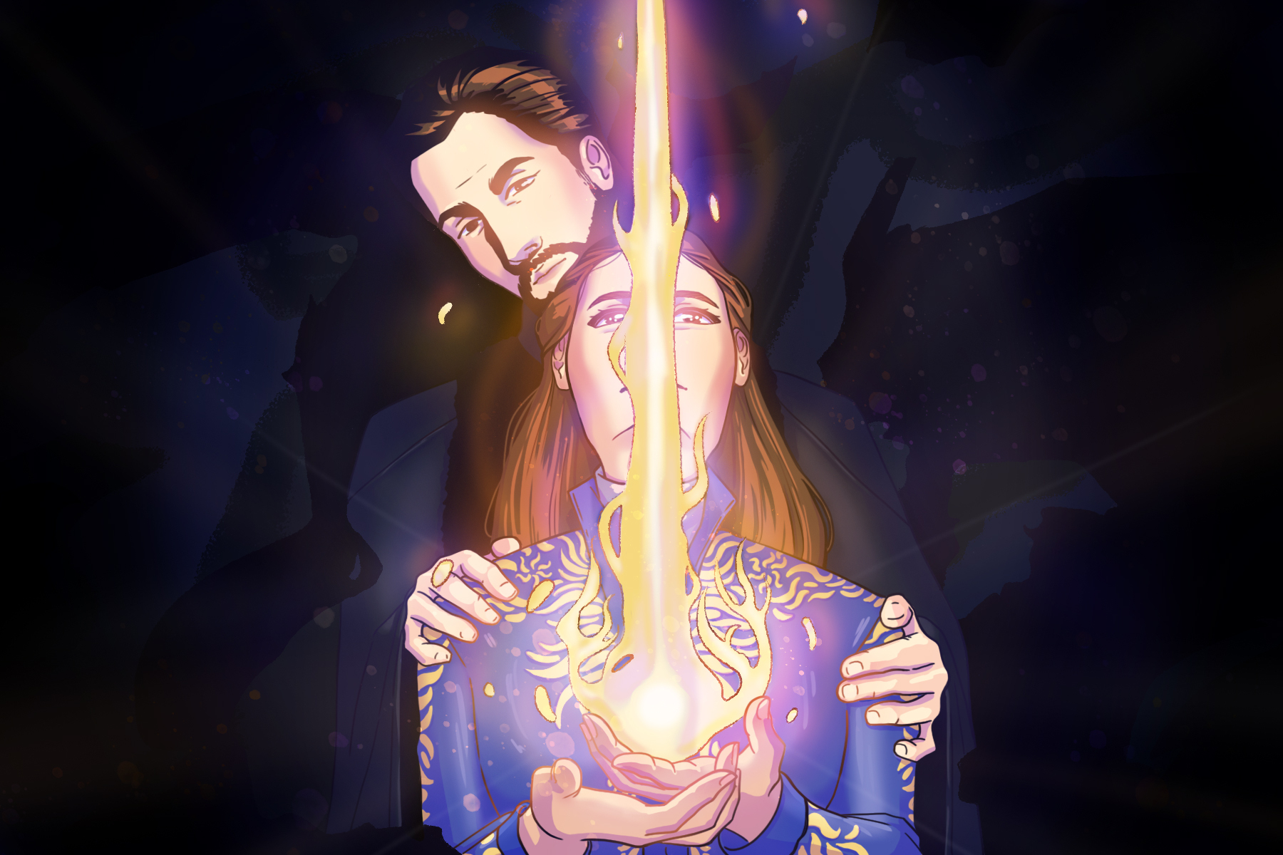 A depiction of "Shadow and Bone" actors Jessica Mei Li and Ben Barnes.