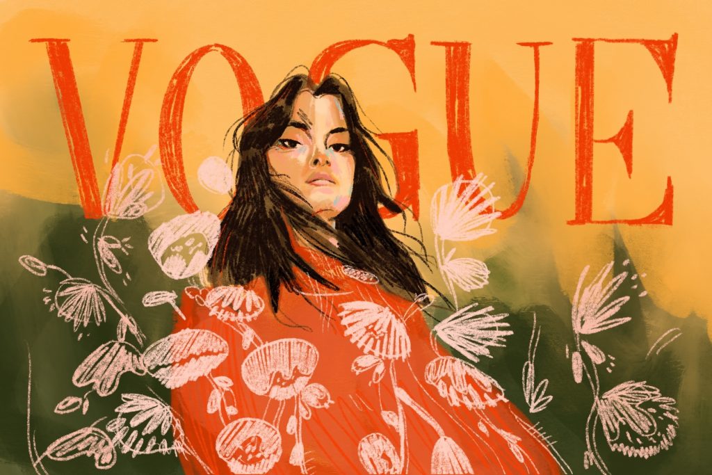 An art piece of Selena Gomez, framed with dandelions, in front of the Vogue magazine logo. (Illustration by Peyton Stark, Minneapolis College of Art and Design)