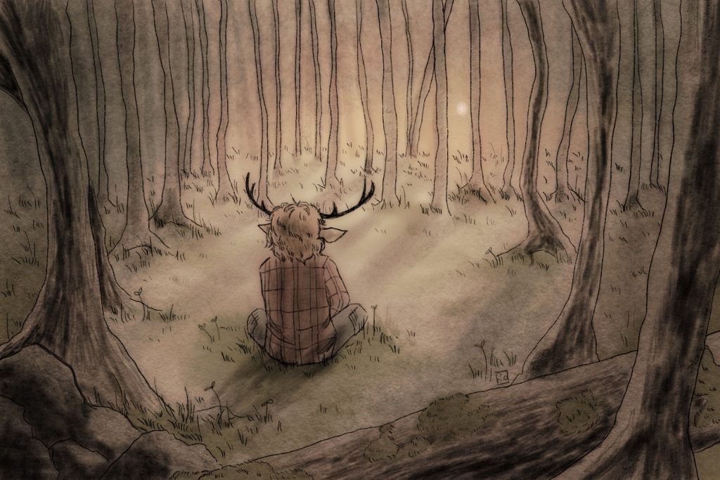 An art piece of Gus, a deer-human hybrid, crouched in the forest.