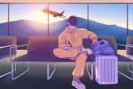Illustration of a person sitting in an airport for an article about travel writing. (Illustration by Yana Ramos Cutrim, George Fox University)