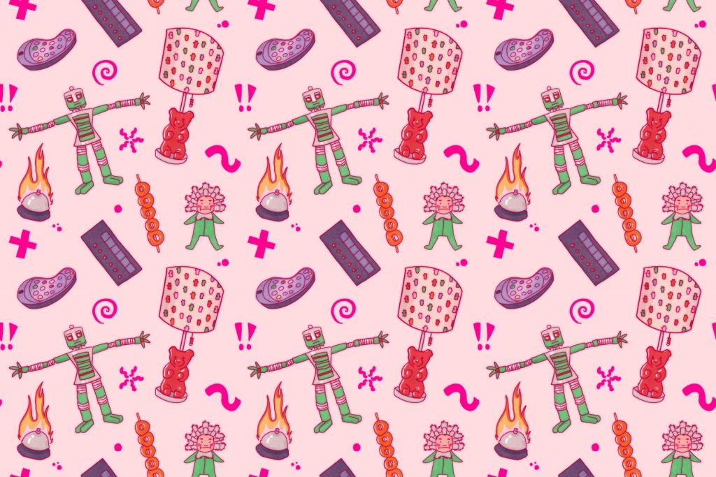 A pattern of various iconic items from iCarly against a pink background.