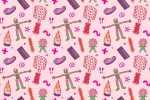 A pattern of various iconic items from iCarly against a pink background.