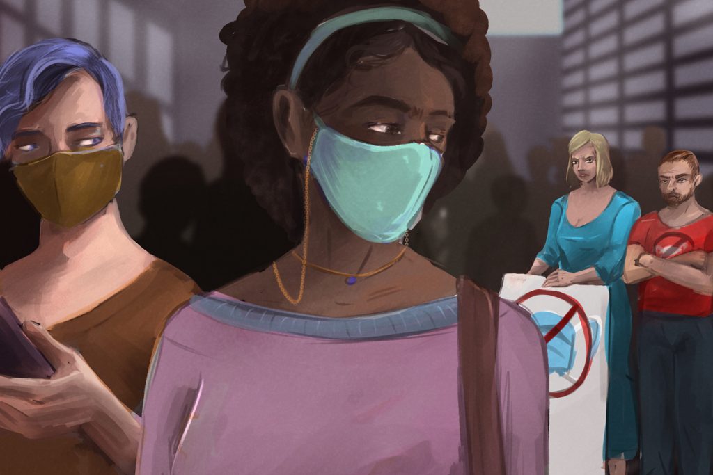 An image depicting two people wearing masks walking away from anti mask protestors, demonstrating how the mask has become a culture war in America.