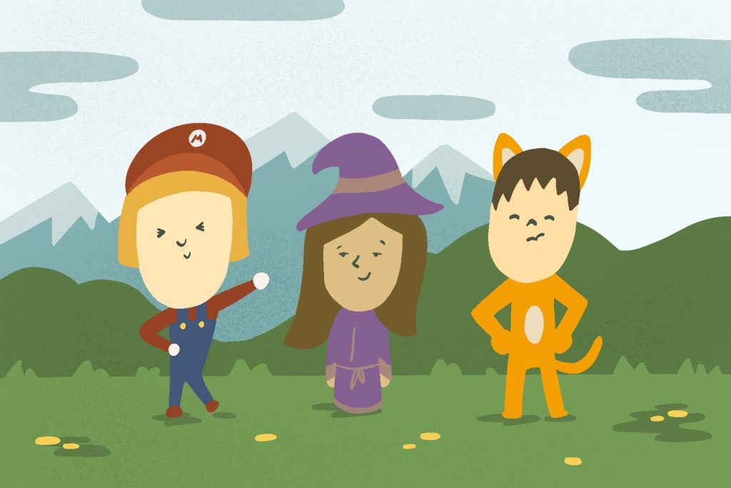 A group of miis against a background of rolling hills and mountains.