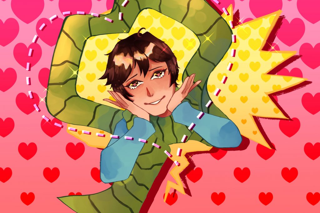 Illustrated image of Sykkuno surrounded by hearts