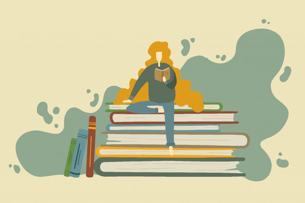 An illustration of a girl sitting on a stack of young adult fiction novels. Are you an avid YA reader? If so, you can’t miss the top books of this year so far.