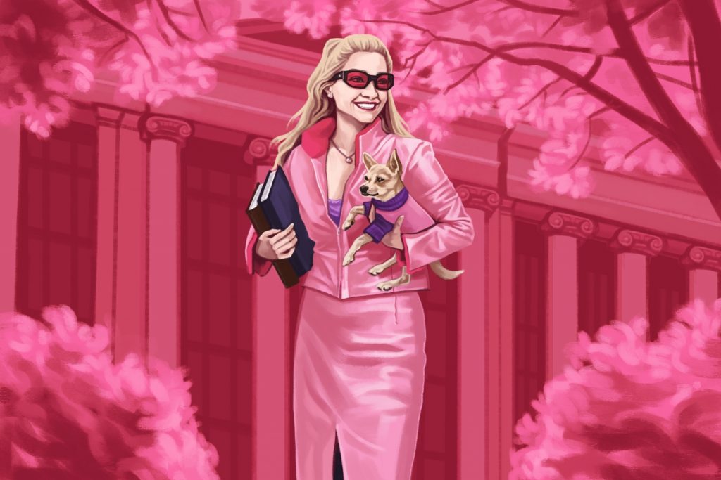 A pink-themed illustration of Legally Blonde character Elle Wood.