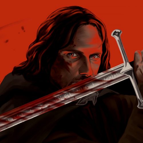 Illustration of Aragorn from "Lord of the Rings" holding a sword