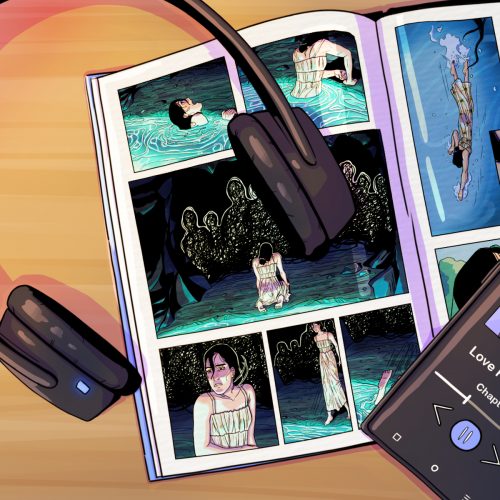 Illustrations of headphones on top of a graphic novel with a phone showing an audiobook.